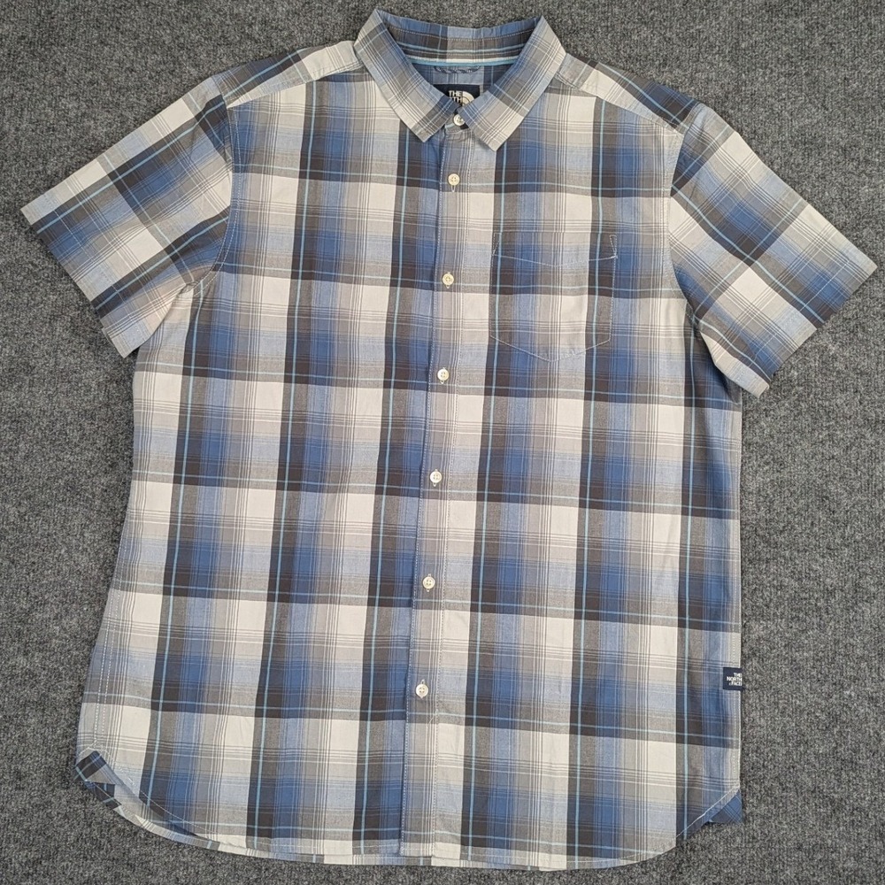 The North Face Mens XL Blue Grey Plaid Short Sleeve Button Up‎ Shirt Logo Tag